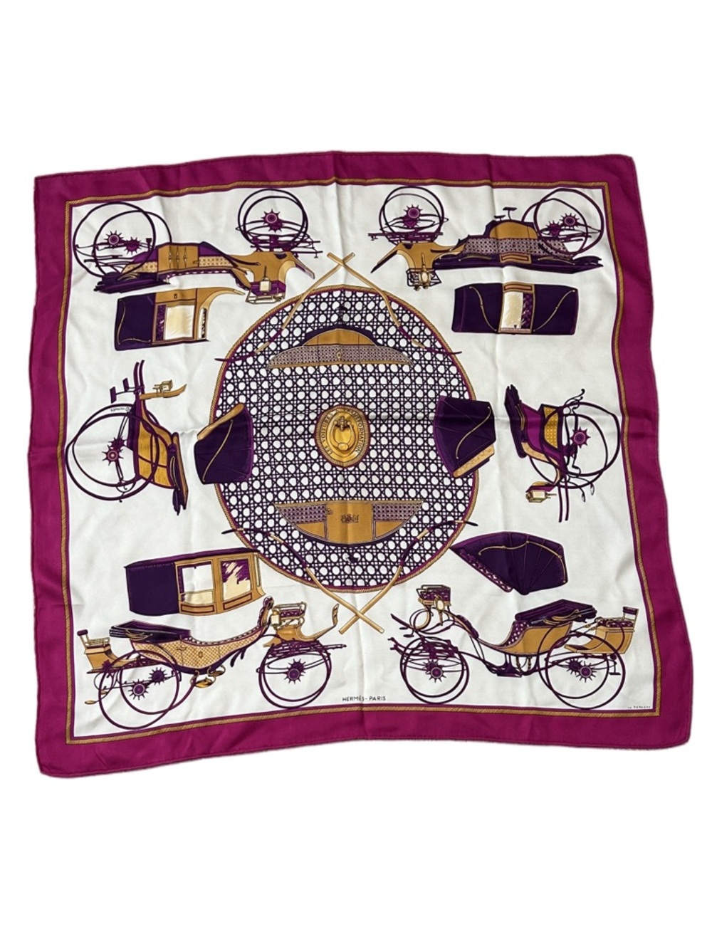 Hermès Les Voitures à Transformation Fuchsia and Cream Vintage Square Silk Scarf
